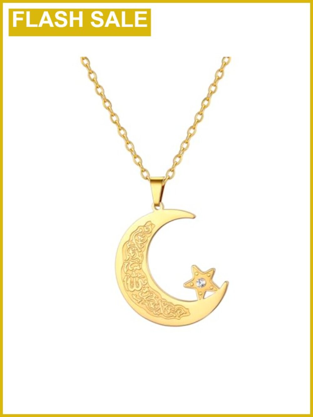 Stainless Steel Ayatul Kursi Crescent Moon Star Islamic Necklace Eid Ramadan